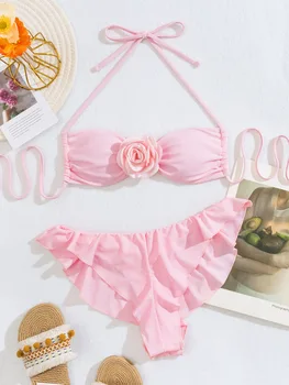 sexy 3D rozā ziedu ruffles pavada bikini komplekti, divi gabali sandales peldmēteļi, beachwear peldēšanās kostīmi peldkostīmi bakini